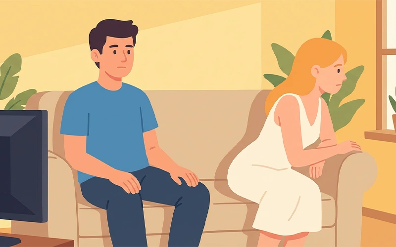 A couple sitting together but emotionally disconnected